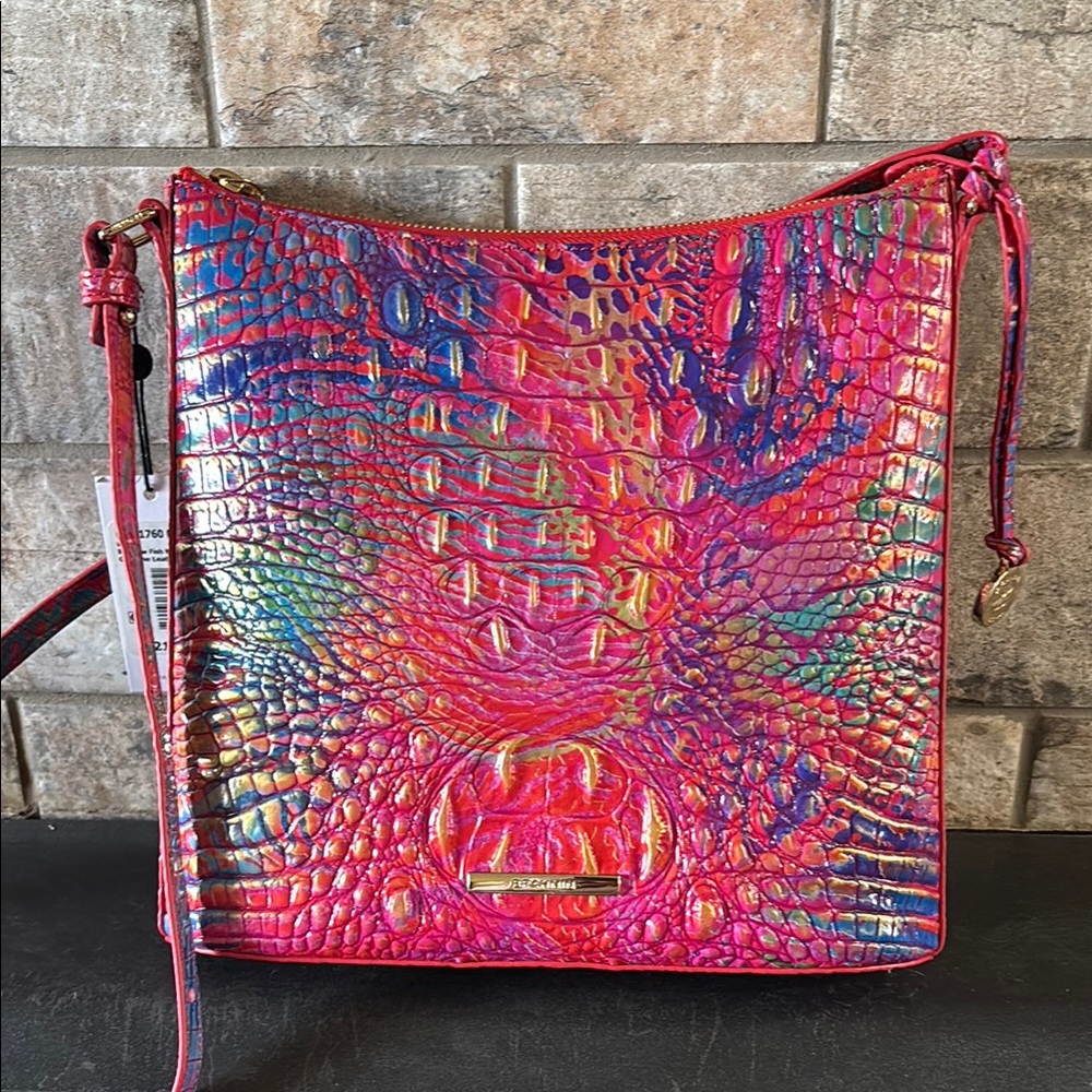 Brahmin Iridescent Pink Multi Croc-Embossed Leather Shoulder Bag